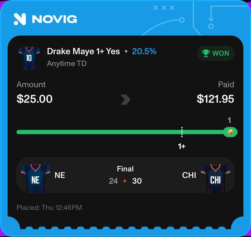 Graded winning ticket: Drake Maye 1+ Anytime TD YES