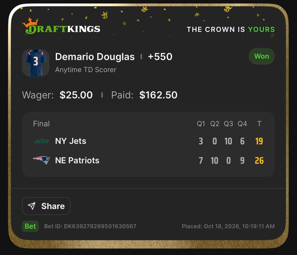 Graded winning ticket: Demario Douglas Anytime TD Scorer