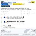 Bonus ticket: SGP: Cam Skattebo 40+ Rushing Yds, Kyren Williams 50+ Rushing Yds, Under 56.5 Alt Total Points, lost