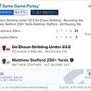 Bonus ticket: SGP: De'Zhaun Stribling Under 33.5 Receiving Yds + Matthew Stafford 250+ Alt Passing Yds, lost