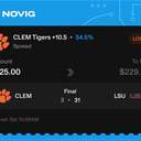 Owner ticket: CLEM Tigers +10.5 (Spread), lost