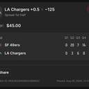 Bonus ticket: LA Chargers +0.5 Spread 1st Half, lost
