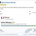 Bonus ticket: France To Finish Third + Kylian Mbappe Anytime Goalscorer Including Extra Time (Same Game Parlay), lost