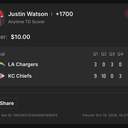 Bonus ticket: Justin Watson Anytime TD Scorer, lost