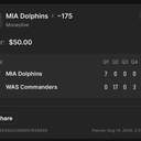 VIP ticket: MIA Dolphins Moneyline -175, lost