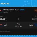 Owner ticket: UVA Cavaliers -9.5 (Spread), lost